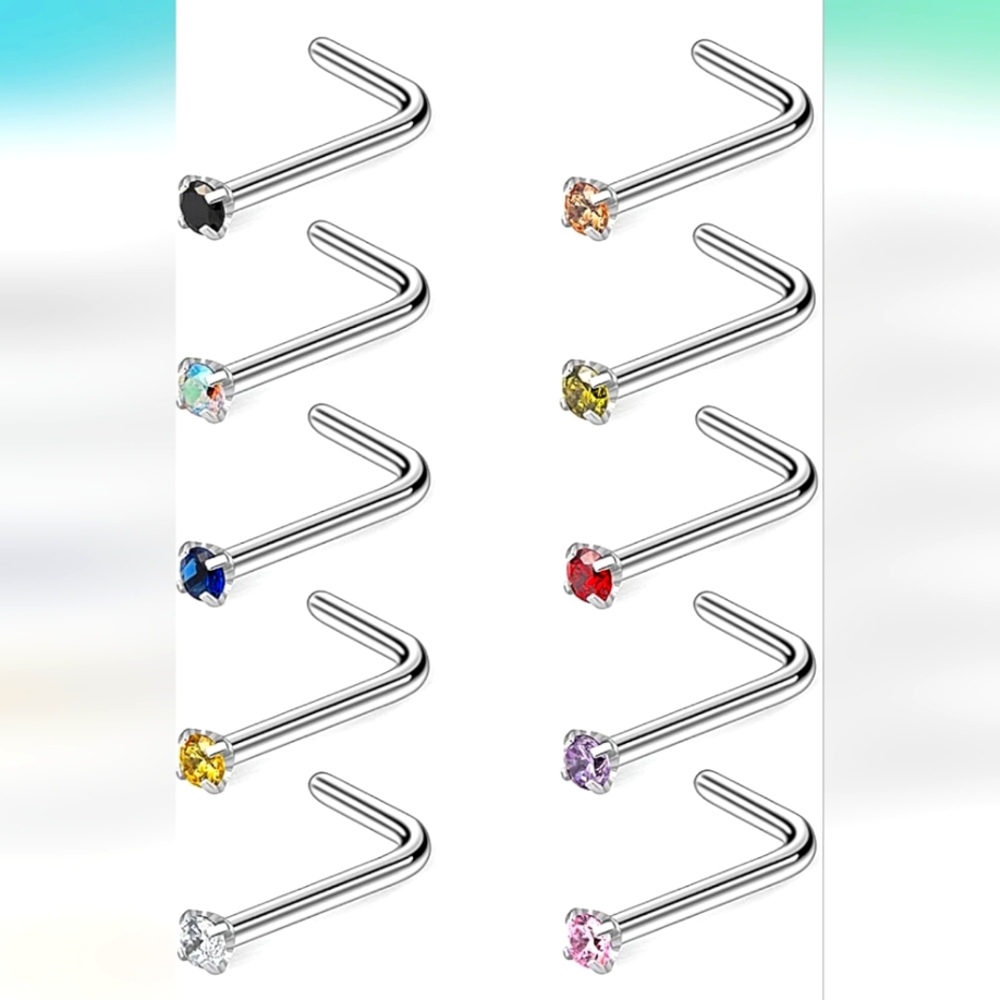 10 Pieces22G - 1.5mm - Surgical Steel Diamond CZ Nose Stud Rings